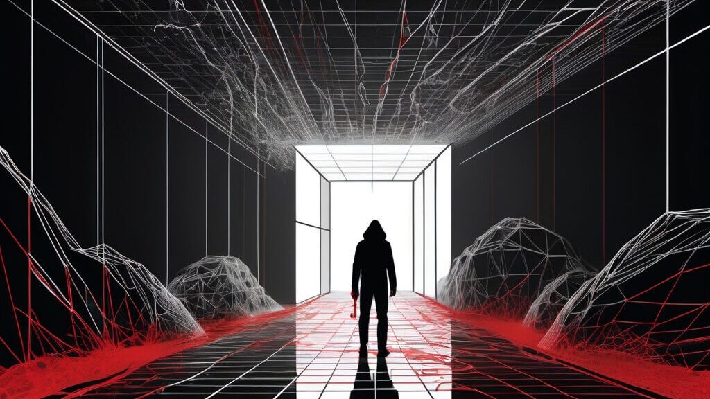 Illustration of a hooded figure standing in a dark wireframe corridor laced with red lines, facing a bright doorway