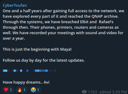 A CyberToufan Telegram post claiming a year and a half of access to Elbit and Rafael networks, including recorded meetings