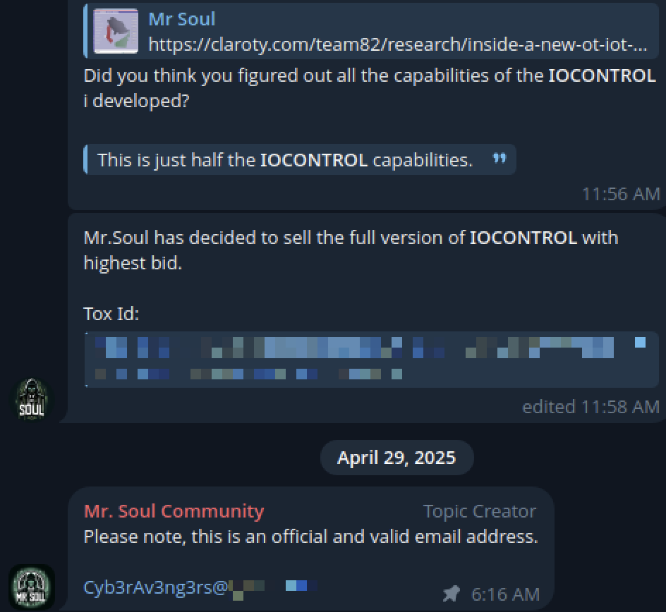 Telegram messages from Mr. Soul: “Did you think you figured out all the capabilities of the IOCONTROL i developed?”, an offer to sell the full version of IOCONTROL to the highest bidder, and a pinned, partly redacted contact address
