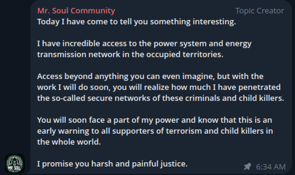 A Mr. Soul Community Telegram post claiming “incredible access to the power system and energy transmission network in the occupied territories”
