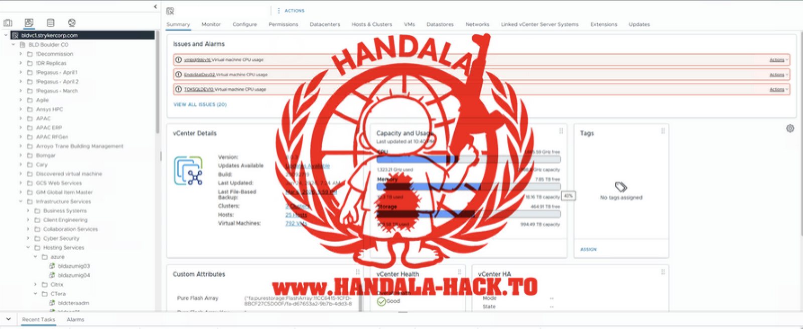 A Stryker VMware vCenter console overlaid with the red Handala logo and the web address of Handala's leak site