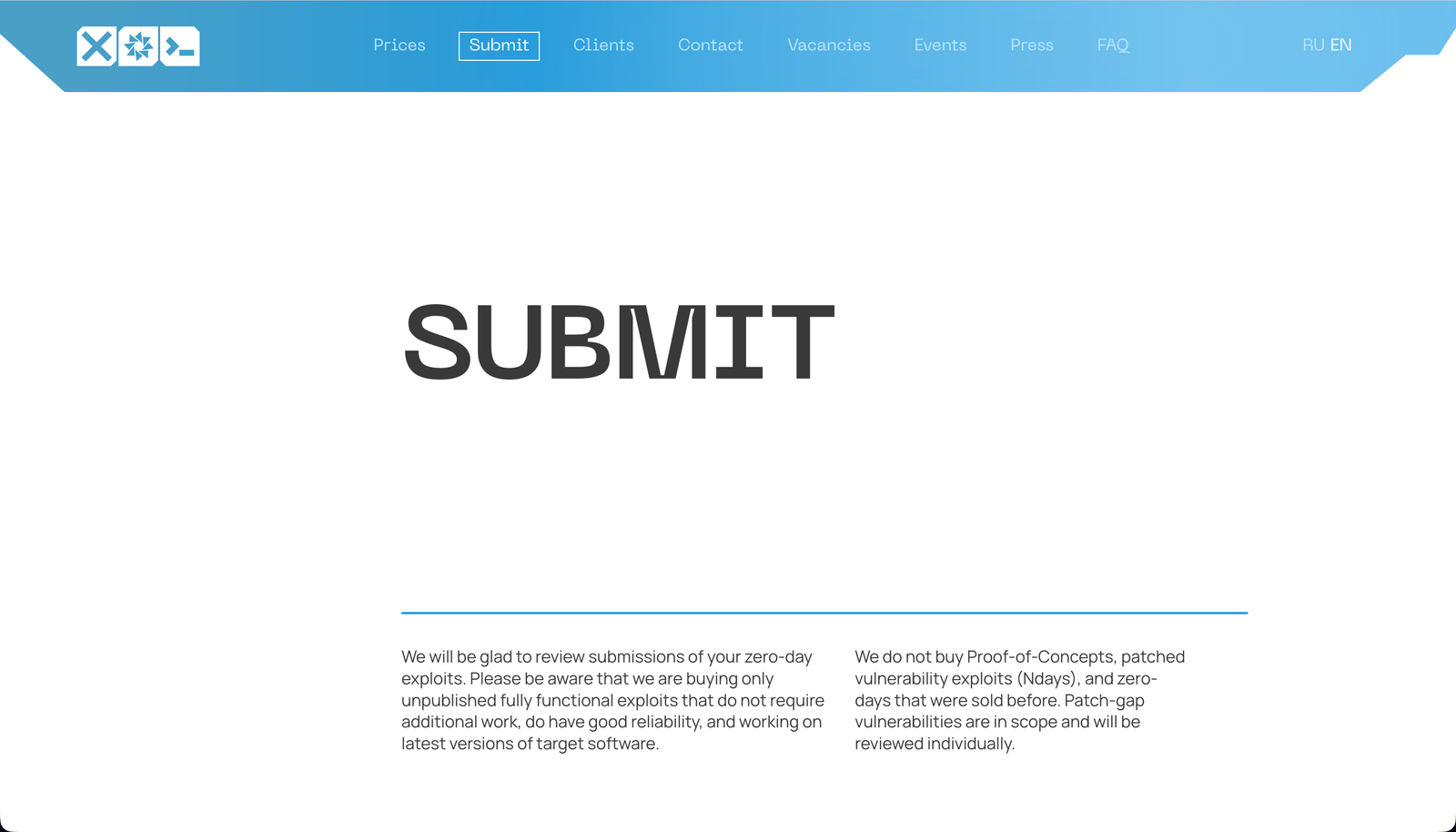 Operation Zero’s “Submit” page: it buys only unpublished, fully functional zero-day exploits for the latest software versions, and not proofs of concept, n-days or exploits sold before